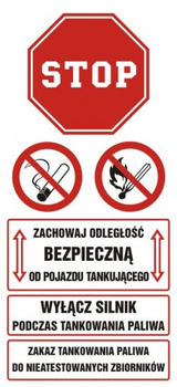 Znak Zachowaj odległość bezpieczną od pojazdu tankującego. Wyłącz silnik podczas tankowania paliwa na płycie PCV (SB019)