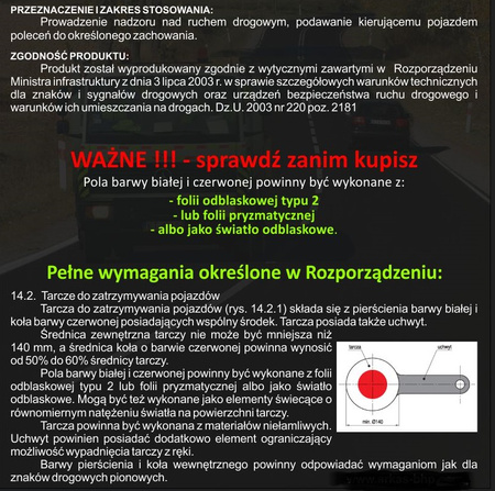 Lizak policyjny dla służb drogowych, tarcza do kierowania ruchem