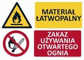Znak Uwaga! Materiał łatwopalny Zakaz używania otwartego ognia (T019)