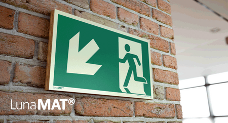 Znak Wyjście ewakuacyjne w lewo/dół (na sklejce)