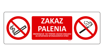 Znak Zakaz palenia na terenie całego zakładu za wyjątkiem wyznaczonych stref na płycie PCV NE007