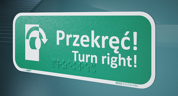 Znak E314P Przekręć by otworzyć (prawy) Braille