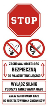 Znak Zachowaj odległość bezpieczną od pojazdu tankującego. Wyłącz silnik podczas tankowania gazu na płycie PCV (SB020)