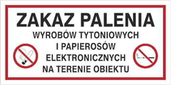 Znak zakaz palenia wyrobów tytoniowych i elektronicznych terenie obiektu (209-23)