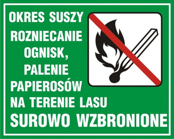 Znak Okres suszy- rozniecanie ognisk, palenie papierosów na terenie lasu surowo zabronione (OB004)