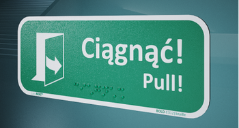 Znak E312L Ciągnąć by otworzyć (lewy) Braille
