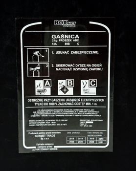 Etykieta serwisowa oryginalna do gaśnicy proszkowej GP12x ABC - BOXMET przeźroczysta