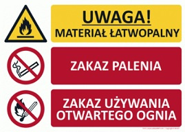 Znak Uwaga! Materiał łatwopalny Zakaz palenie i używania otwartego ognia (T015)