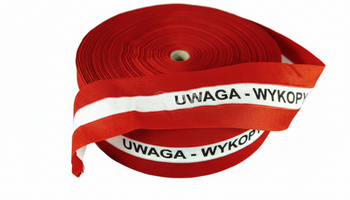 Taśma ostrzegawcza parciana poliestrowa biało-czerwona uwaga wykopy 80mm/100m