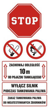 Znak Zachowaj odległość 10 m od pojazdu tankującego. Wyłącz silnik podczas tankowania paliwa na płycie PCV (SB017)