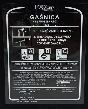 Etykieta serwisowa oryginalna do gaśnicy proszkowej GP6x ABC - BOXMET przeźroczysta