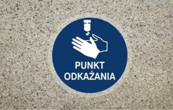 Znak antypoślizgowy podłogowy punkt odkażania na Folii Samoprzylepnej