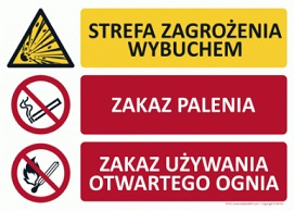 Znak Strefa zagrożenia wybuchem Zakaz palenie i używania otwartego ognia (T014)