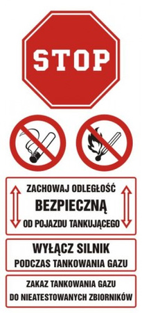 Znak Zachowaj odległość bezpieczną od pojazdu tankującego. Wyłącz silnik podczas tankowania gazu na płycie PCV (SB020)