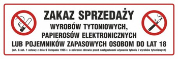 Znak Zakaz sprzedaży wyrobów tytoniowych i papierosów elektronicznych osobom do lat 18 na płycie PCV (NE031)