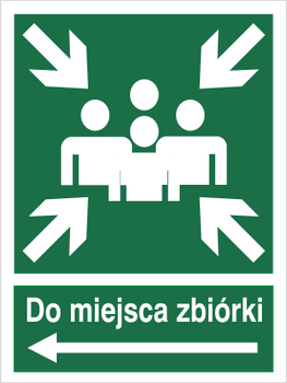 Znak do miejsca zbiórki ewakuacji w lewo na płycie PCV (120-12)