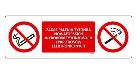 Znak Zakaz palenia tytoniu, nowatorskich wyrobów tytoniowych i papierosów elektronicznych na płycie PCV NE009