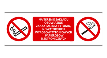 Znak Na terenie zakładu obowiązuje zakaz palenia tytoniu, nowatorskich wyrobów tytoniowych i papierosów elektronicznych na Folii Samoprzylepnej NE010