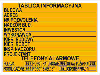 Znak budowlana tablica informacyjna na płycie HIPS (319)