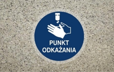 Znak antypoślizgowy podłogowy punkt odkażania na Folii Samoprzylepnej