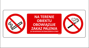 Znak Zakaz palenia na terenie obiektu za wyjątkiem wyznaczonych stref na Folii Samoprzylepnej NE005