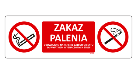 Znak Zakaz palenia na terenie całego obiektu za wyjątkiem wyznaczonych stref na Folii Samoprzylepnej NE008