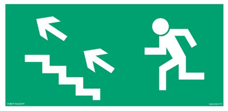Znak kierunek do wyjścia drogi ewakuacyjnej schodami w górę w lewo (AA006) Signproject