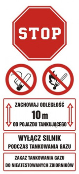 Znak Zachowaj odległość 10 m od pojazdu tankującego. Wyłącz silnik podczas tankowania gazu na płycie PCV (SB018)