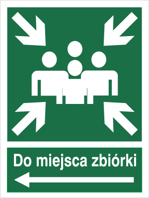 Znak do miejsca zbiórki ewakuacji w lewo na płycie PCV (120-12)