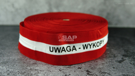 Taśma ostrzegawcza parciana poliestrowa biało-czerwona uwaga wykopy 80mm/100m