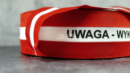 Taśma ostrzegawcza parciana poliestrowa biało-czerwona uwaga wykopy 80mm/100m