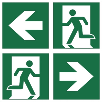 Znak podwieszany łączony wyjście ewakuacyjne ze strzałką LL+PP na Płycie Świecącej