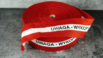 Taśma ostrzegawcza parciana poliestrowa biało-czerwona uwaga wykopy 80mm/100m