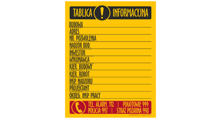 Znak budowlana tablica informacyjna na Płycie PP (T001)