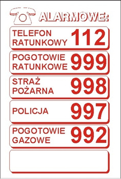 Znak telefony alarmowe biały na płycie PCV (826)