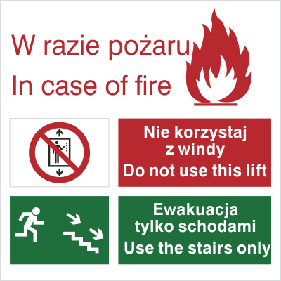 Znak zakaz korzystania z windy w razie pożaru (154)