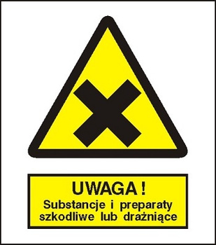Znak uwaga substancje i preparaty szkodliwe lub drażniące na płycie PCV (318-02)