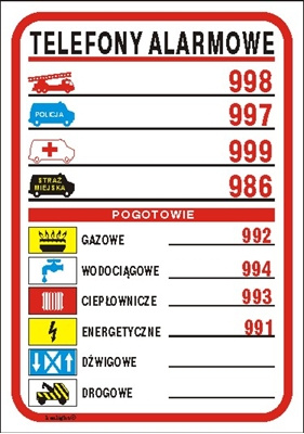 Znak Telefony alarmowe na Folii Samoprzylepnej (826-04)