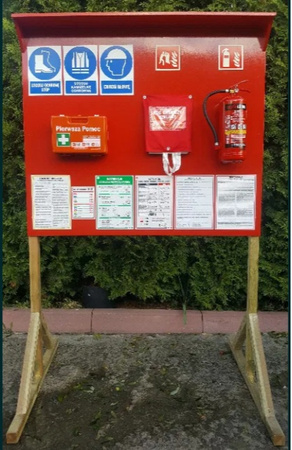 Wyposażenie tablicy budowlanej Punkt BHP PPOŻ gaśnica apteczka instrukcja