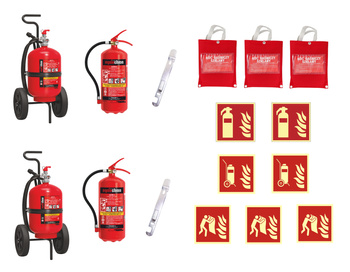 Zestaw na stacje paliw płynnych: gaśnice przewoźne, gaśnice, piktogramy bhp