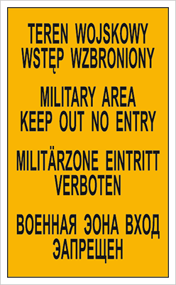 Znak teren wojskowy wstęp wrobiony - czterojęzyczna na płycie PCV (A01-01)