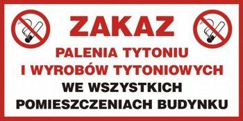 Znak Zakaz palenia tytoniu i wyrobów tytoniowych we wszystkich pomieszczeniach budynku na płycie PCV (NE008)