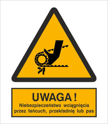 Znak Uwaga! Niebezpieczeństwo wciągnięcia przez łańcuch, przekładnie lub pas na Folii Samoprzylepnej (342)