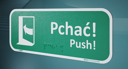 Znak E310L Pchać by otworzyć (lewy) Braille