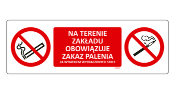 Znak Zakaz palenia na terenie zakładu za wyjątkiem wyznaczonych na płycie PCV NE004