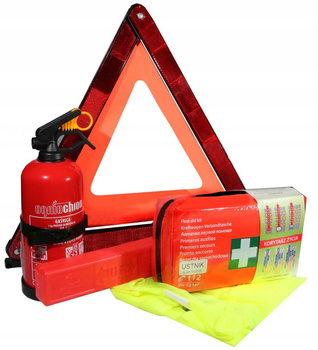 Zestaw bezpieczeństwa do samochodu, gaśnica, trójkąt, kamizelka ostrzegawcza, apteczka