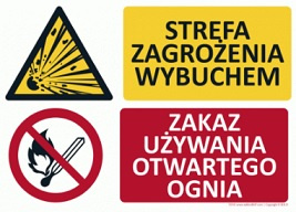 Znak Uwaga! Strefa zagrożenia wybuchem Zakaz używania otwartego ognia (T018)
