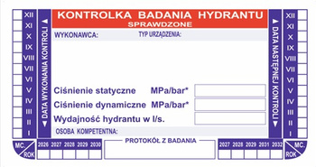 Etykieta badania hydrantu rozszerzona – Z pomiarem ciśnienia (Wzór 2)