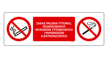 Znak Zakaz palenia tytoniu, nowatorskich wyrobów tytoniowych i papierosów elektronicznych na płycie PCV NE009