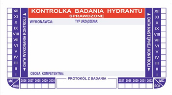 Etykieta badania hydrantu – Kontrolka przeglądu (Wzór 1)